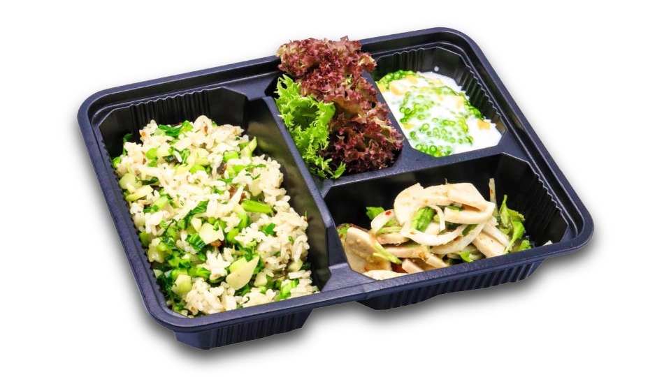 ข้าวผัดคะน้าปลาเค็ม-ยำหมูยอ-สาคูข้าวโพด (Salted Fish & Kale Fried Rice - Yum Moo Yor - Corn & Sago) — Baan Khanitha Express Meal Box